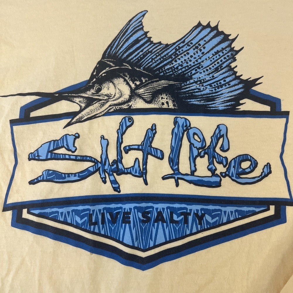 Salt Life Live Salty T-Shirt Medium Yellow Cotton Long Sleeve Crewneck Graphic
